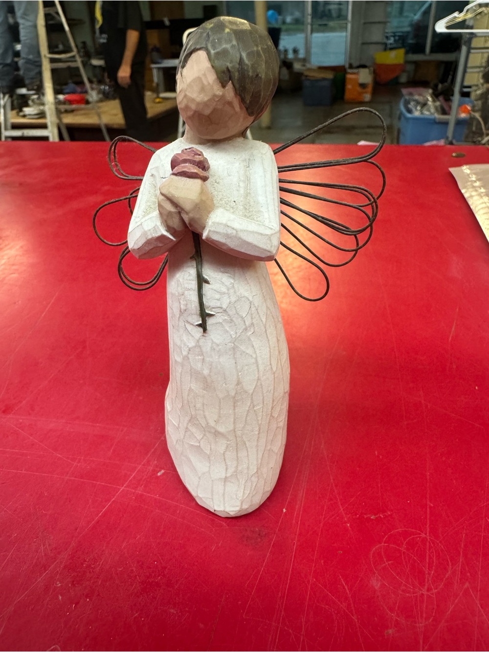 Willow Tree Cream Angel Figurine with Pink Rose and Wire Wings